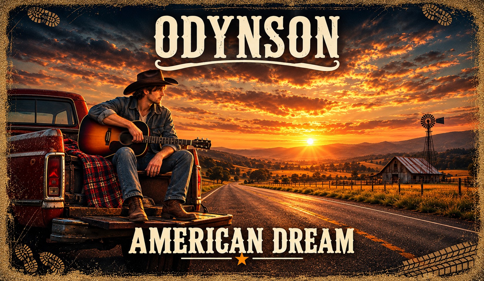 American Dream — official Odynson artwork: a country performer in a cowboy hat sitting on the tailgate of a red pickup truck with an acoustic guitar, an open road, barn and windmill under a blazing orange sunset.