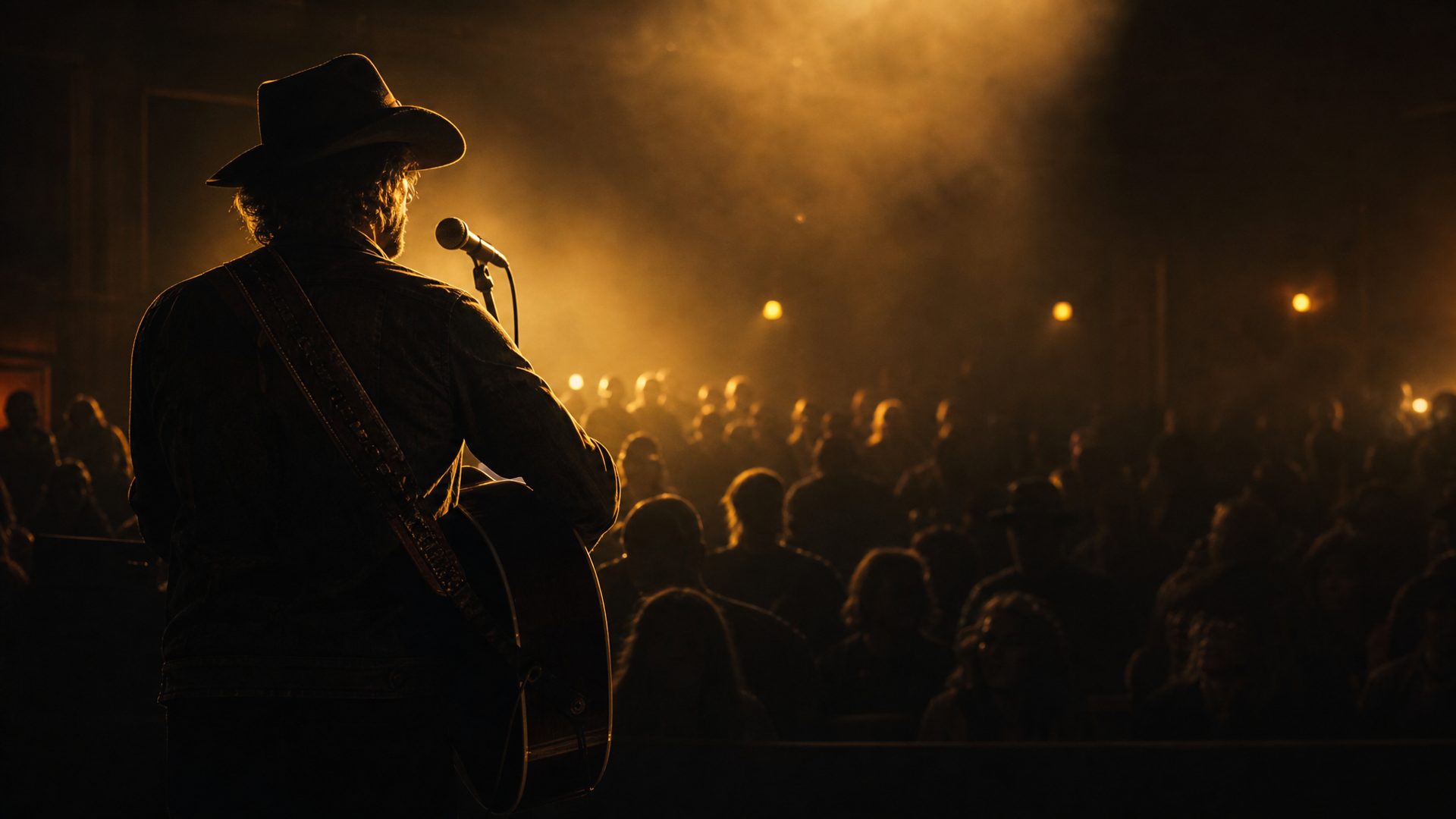A country performer on a warmly lit stage under a golden spotlight, facing a live audience in amber haze