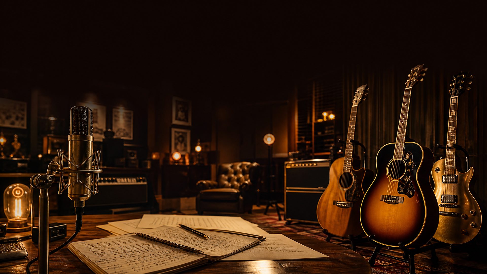 A beautifully lit recording studio with guitars, microphones and handwritten lyric sheets
